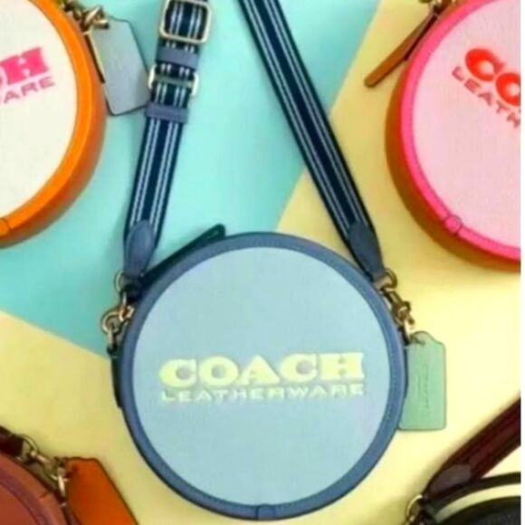 COACH KIA BLUE COLORBLOCK ROUND CIRCLE CANTEEN CROSSBODY BAG GUITAR STRAP - Picture 2 of 16